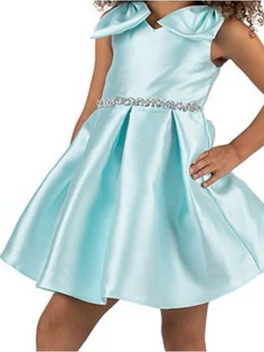 Rare Editions Light Blue Satin Party Dress with Jewel Belt